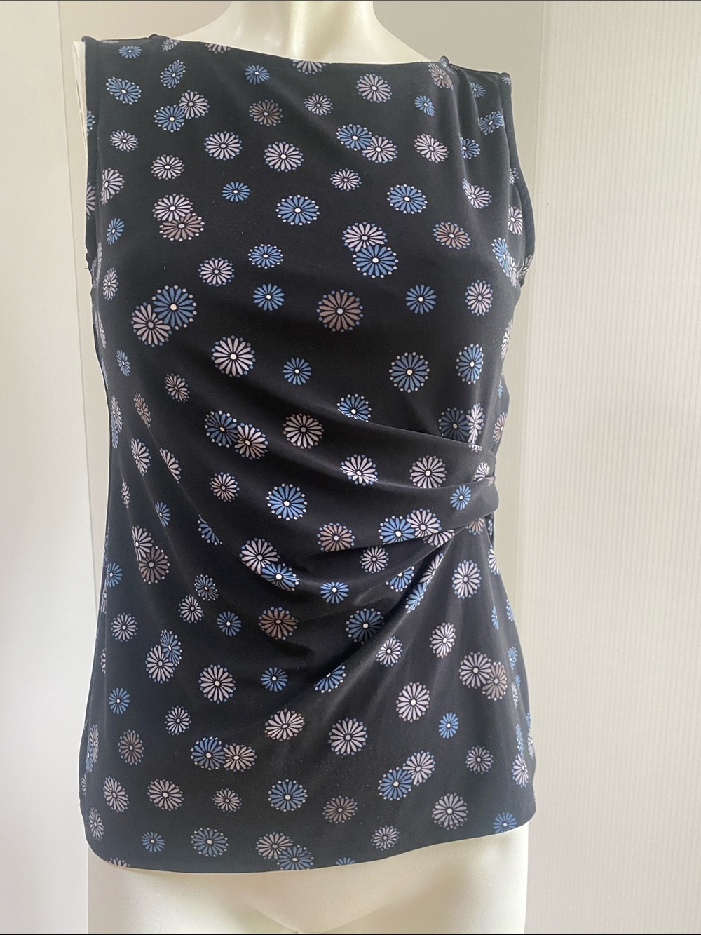 Anne Klein Black Sleeveless Top with Blue and Light Pink Floral Medallions